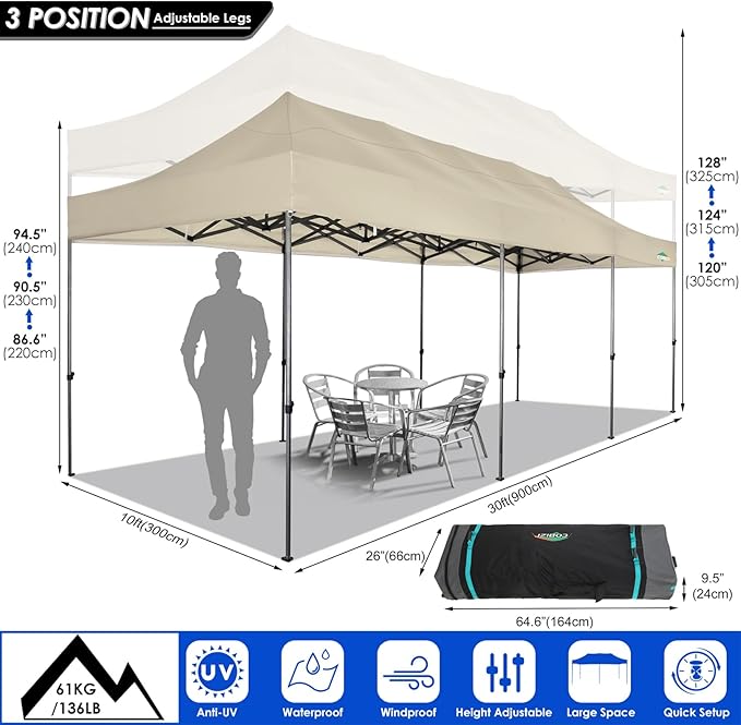 COBIZI 10x30 Heavy Duty Pop up Canopy with 8 sidewalls Stable Wedding Outdoor Tents for Parties Canopy Pop Up Party Tent UPF 50+ Waterproof Commercial Gazebo with Roller Bag, Khaki(Windproof Upgraded)
