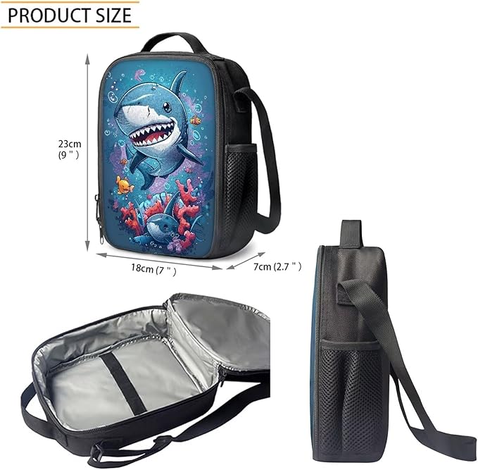 3PCS Cute Shark Fish Sea Print Blue School Bag, 17 Inch Laptop Bookbag Daypack Knapsack Rucksack Lunch Bags Pen Case for College Student