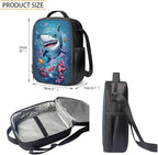 3PCS Cute Shark Fish Sea Print Blue School Bag, 17 Inch Laptop Bookbag Daypack Knapsack Rucksack Lunch Bags Pen Case for College Student