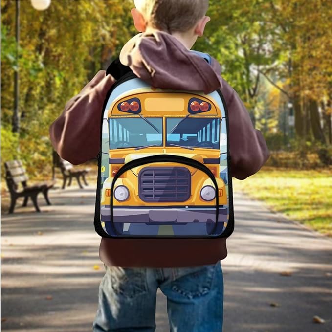 School Bus School Backpack for Boys 6-8 Kindergarten Book Bag with Lunch Box and Pencil Pouch Casual Daypack Laptop Backpacks Camping Travel Outdoor Kids Shoulder Bag
