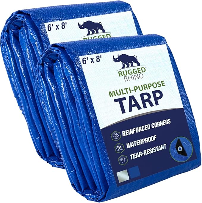 RUGGED RHINO All Weather 100% Waterproof Heavy Duty Tarp, 2 Pack, UV Temperature Resistant Tarps, High Durability Multipurpose Cover, for Home Outdoor Winter Snow Clean Up, Camping, 5 Mil, 6x8, Blue