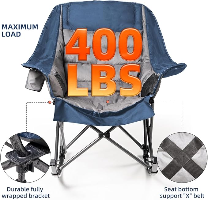 Oversized Rocking Camping Chair for Adults - 400lbs Capacity Padded Camp Chair with Cup Holder, Portable Foldable Outdoor Rocker Chair for Camping, Backyard (Blue & Dark Gray, 1 PCS)