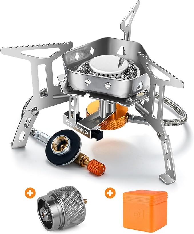 Odoland 3500W/6800W Windproof Camp Stove Camping Gas Stove with Fuel Canister Adapter, Piezo Ignition, Carry Case, Portable Collapsible Stove Burner for Outdoor Backpacking Hiking and Picnic