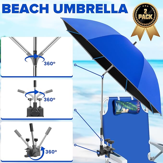 Beach Umbrella,2PACK 48.7inch Chair Umbrella with Clamp adjustable 360°,UV Protection Large Camping Chair Umbrellas for Camping chair, Glof Cart,Table（Chair,Table not include）