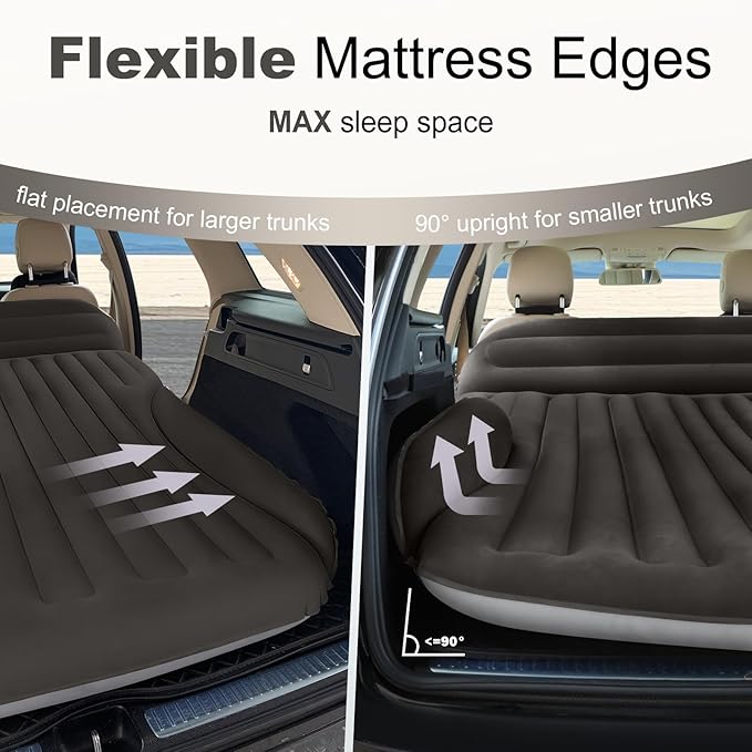 SUV Air Mattress, Double-Sided Thick Flocked Car Air Mattress with Built-in Pump & Pillow, Complete Sleeping Accessories for Auto Camping & Road Trips（Dark Coffee）