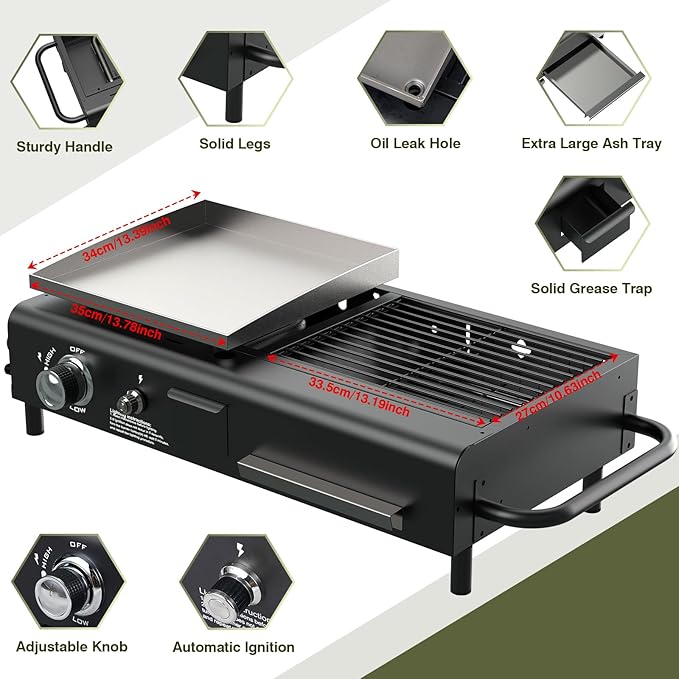 BESTFIRE Tabletop Propane & Charcoal Grill Combo, 70,000 BTU Dual Fuel Flat Top Griddle, 2 Side Shelves & Cast Iron Cooking Area – Compact BBQ Grill for Patio, Camping, and Small Outdoor Spaces