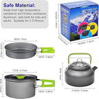 Camping Pans and Pots Kit, Portable Outdoor Cookware, Tea Kettle Bowl Tableware Set with Mesh for Trekking, Hiking, Backpacking, Picnic, for 2-3 Person (Cookware Set)