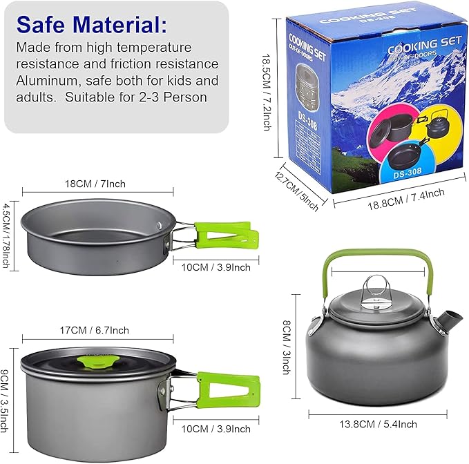MDybf Camping Pans and Pots Kit, Portable Outdoor Cookware, Tea Kettle Bowl Tableware Set with Mesh for Trekking, Hiking, Backpacking, Picnic, for 2-3 Person (Cookware Set)