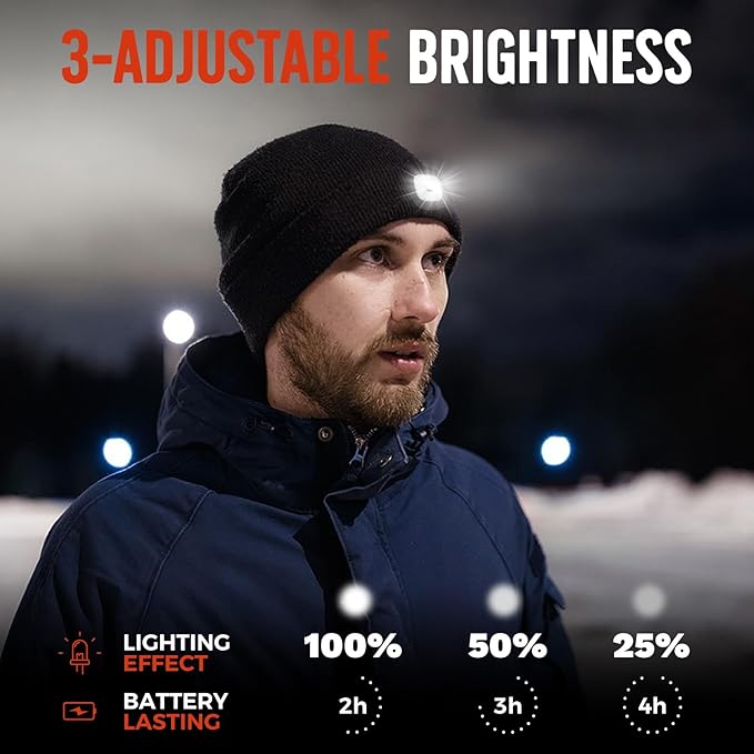 Unisex Beanie Hat with Light, Rechargeable Headlamps Cap, Gifts for Men, Hiking, Camping headlamps, Cool Gadget Birthday Gifts for Men, Women, Dad, Father, Boyfriend, Black