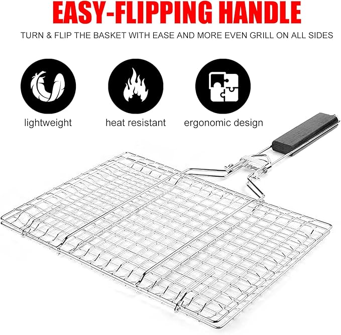 Grill Baskets Fish Grilling Basket for Outdoor Grilling Barbecue Stainless Steel Folding Grill Accessories with Removable Handle, Grill Basket for Bar, Camping, Picnics & Parties. Amazing Grill