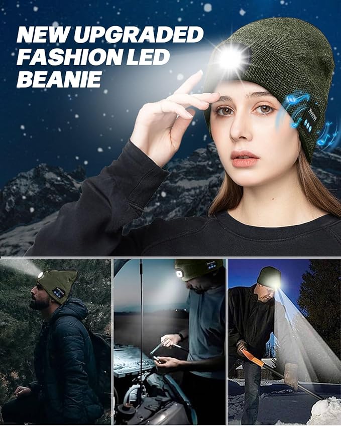 Bluetooth Beanie with Light, USB Rechargeable LED Headlamp Winter Hat, Men Women Valentine's Day Gifts