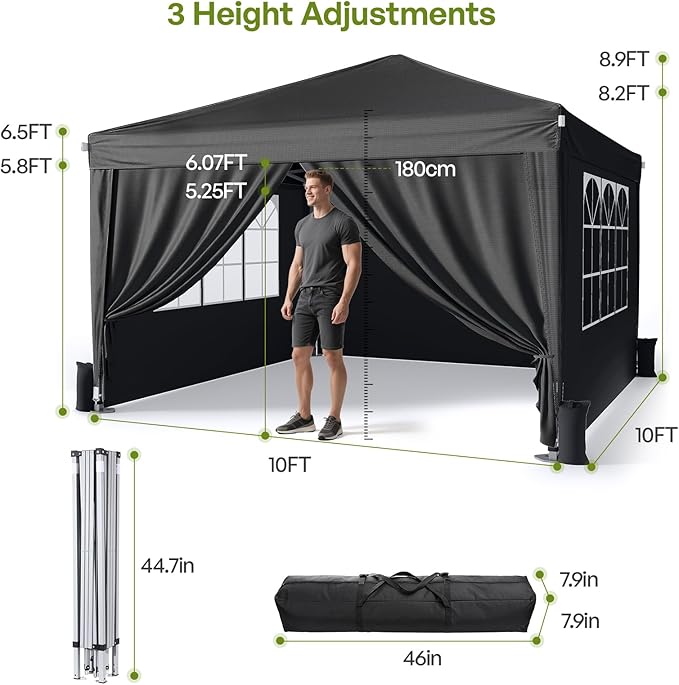 10x10 Pop Up Canopy with Sidewalls, Outdoor Instant Canopy Tent with Carry Bag for Commercial Events, Camping, Backyard Parties - Black