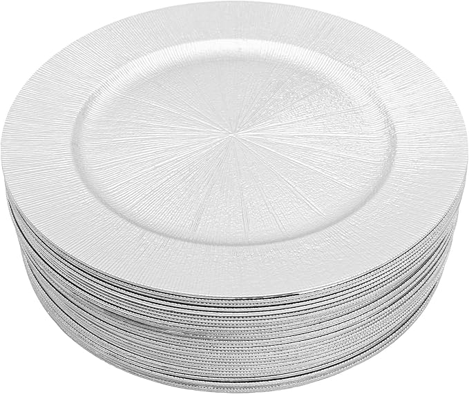 DYRABREST 50 Pcs 13 Inch Charger Plates, Bulk Round Charger Plates Plastic Wedding Dinner Elegant Reusable for Table Setting Wedding Party Event Tabletop Setting Decor (Silver)