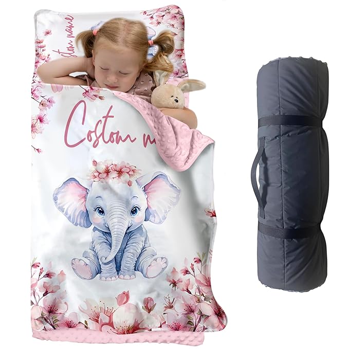Custom Toddler Nap Mat for Preschool, Personalized Name Kids Sleeping Bag with Flower Elephant for Daycare, Roll Up Sleeping Mat with Removable Pillow and Soft Dot Minky Blanke for Girls Camping