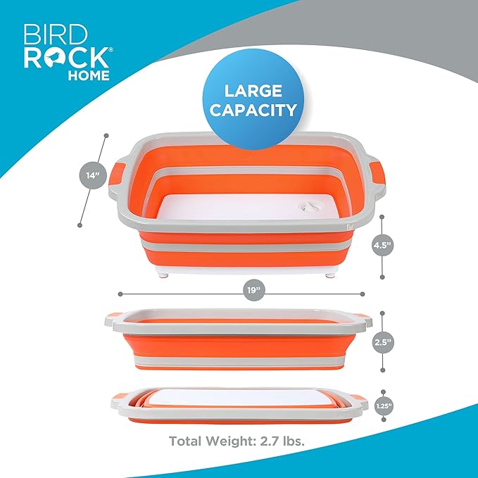 BIRDROCK HOME Collapsible Food Prep & Cutting Board and Grill Caddy Tub with Colander & Lid | Multifunctional Kitchen Vegetable Washing Basket | Silicone Dish Tub for BBQ, Picnic, Tailgate and Camping