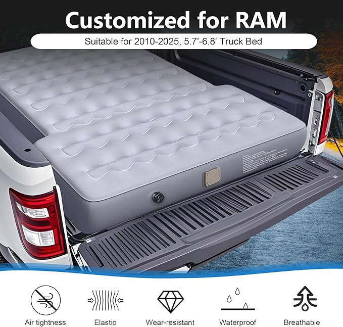 Customized for Ram Truck Bed Mattress 6.4Ft, Self-Inflating Portable Pickup Air Mattress, Ram Truck Camping Mattress with Cordless Air Pump, Ram 1500 2500 3500 Accessories 2025-2018