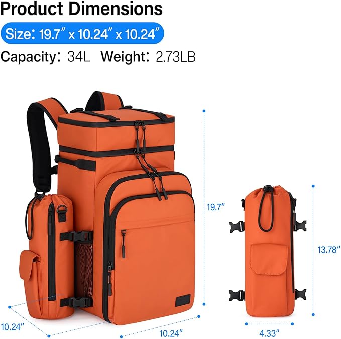 Hanke Backpack Cooler, 40 Cans Soft Leak Proof Picnic Backpack, Portable 2 Insulated Compartments Cooler Backpack Water Resistant for Lunch Beach Travel Camping Picnic Hiking,Orange