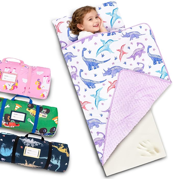 Primlect Toddler Thickened Foam Nap Mat with Pillow, Extra Large 55"x35", Soft, Supportive Sleeping Bag with Detachable, Washable Cover, for Sleepover, Home, Travel, Boys and Girls