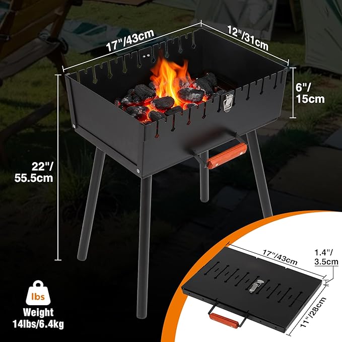 Lineslife Portable Charcoal Grill, Foldable Heavy Duty Metal Mangal BBQ Kabob Grill for Outdoor Backyard Camping Picnic Travel Cooking Hiking