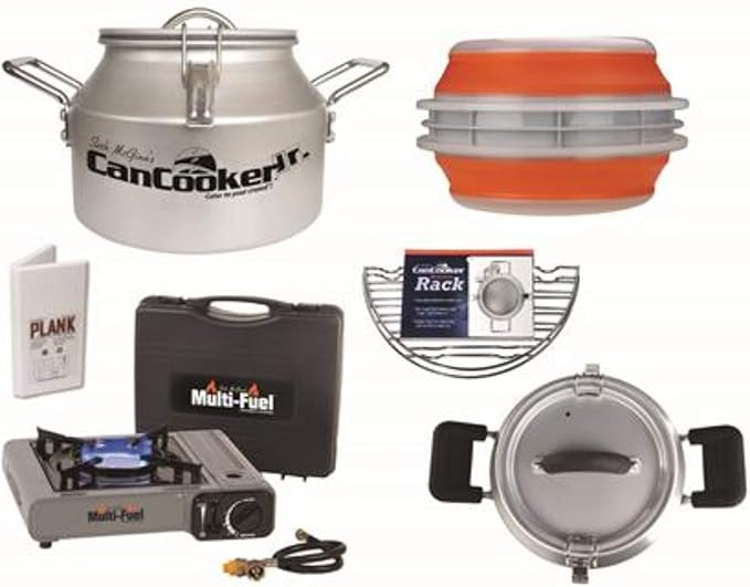 CanCooker Camping Cookware Outdoorsman Kit | Portable Multifuel Stove, Steam CanCooker Jr, Pot Rack, 9 x 19 Plank, & Black Handle Covers