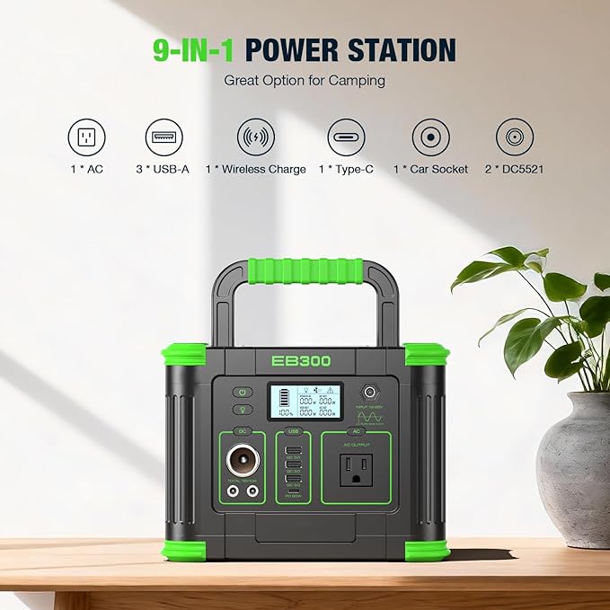 Portable Power Station 330W 288Wh Solar Generator with 60W USB-C PD Fast Charging, Pure Sine Wave AC Outlet, 5W Wireless Charger, LED for Camping, RV, CPAP, Home Emergency Backup, Off-Grid Living