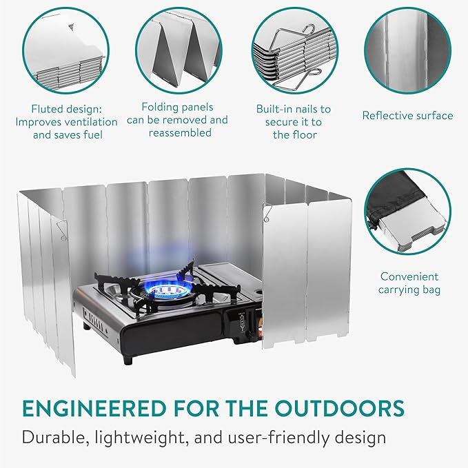 Navaris Foldable Camping Cooking Windshield 16pcs - Portable Camp Stove Windscreen Enhances Efficiency - Durable Aluminum Grill Wind Shield Blocker for Picnics BBQ & Backpacking