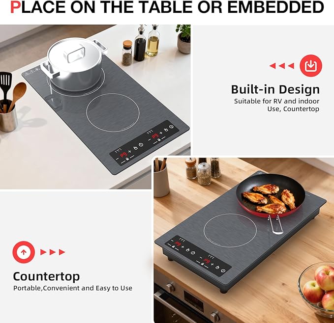 Double Induction Cooktop 110v-120v, GTKZW 2300W Electric Cooktop 20 inch Hot Plate Electric Stove Top with Plug in, Built-in and Countertop, 9 Power Levels, Timer & Safety Lock