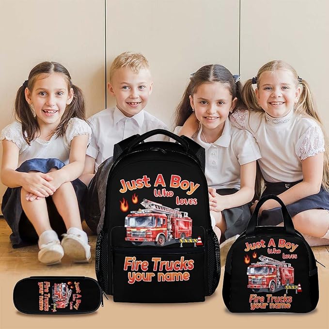 School Backpack for Boys, Custom with Name Set of 3 Fire Truck Kids School Backpacks Matching Combo for Kindergarten Preschool, Truck Bookbag and Pencil Pouch Bundle for Toddler Car Lovers