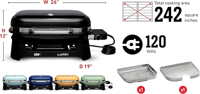 Weber Lumin Portable Outdoor Electric Barbecue Grill for Small Spaces and Travel, Ice Blue