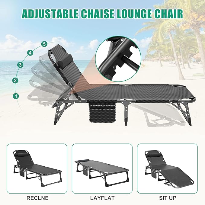 LILYPELLE Folding Outside Chaise Lounge Chair with Mattress, 5 Position Adjustable Patio Folding Lounge Chair Reclining Chairs Perfect for Outside, Sunbathing, Camping, Pool, Beach, Patio, Sand Gray