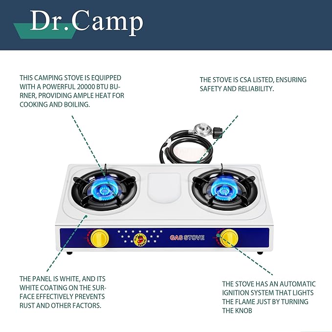 20000 BTU power outdoor camp yard hiking camping propane stove cooker grill with CSA listed regulator and gas hose, white color