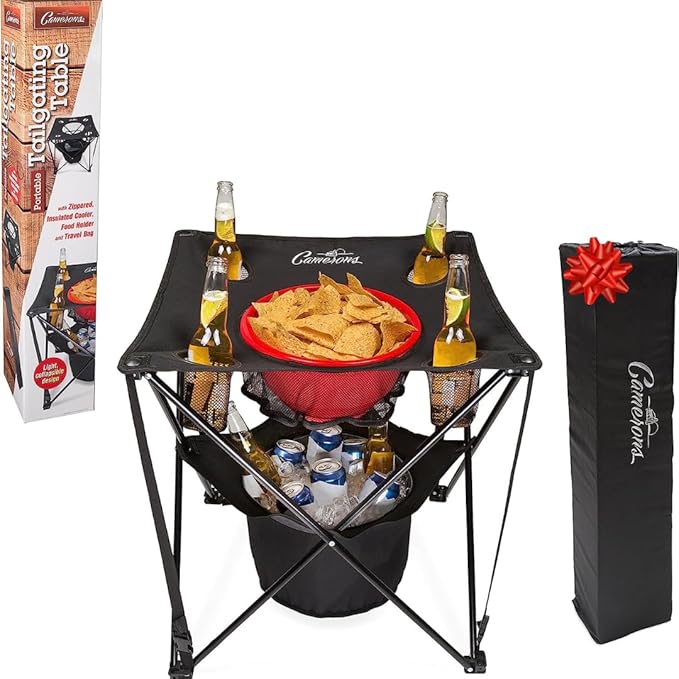 Camerons All-in-One Tailgating Table - Portable Folding Camping Table with Insulated Cooler, Food Basket, Cup Holders & Travel Bag - Collapsible Picnic Table for Outdoor BBQs, Beach & Camp Trips