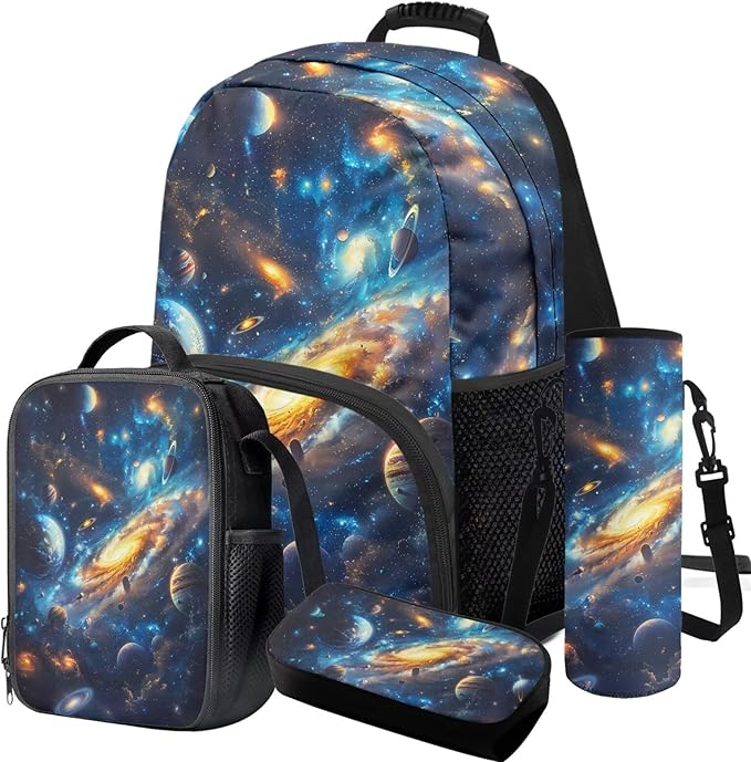 Space Backpack with Lunch Box Blue Bookbag Lightweight Practical Bookbag and Lunch Box Set for Boys 4pcs School Bags for Boys 10-12 Travel Daypack Outdoor Camping Outing