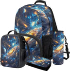 Space Backpack with Lunch Box Blue Bookbag Lightweight Practical Bookbag and Lunch Box Set for Boys 4pcs School Bags for Boys 10-12 Travel Daypack Outdoor Camping Outing