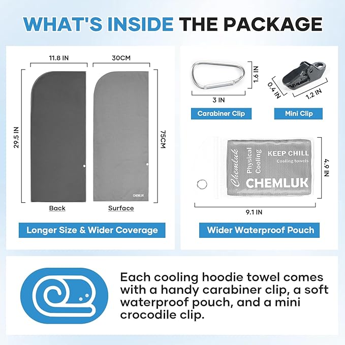 Cooling Hoodie Towel: Cooling Towels for Neck and Face, Instant Cool, UPF 50 Sun Protection, Cool Towel for Hot Weather, Great for Sports, Gym, Golf, Camping - 3 Packs