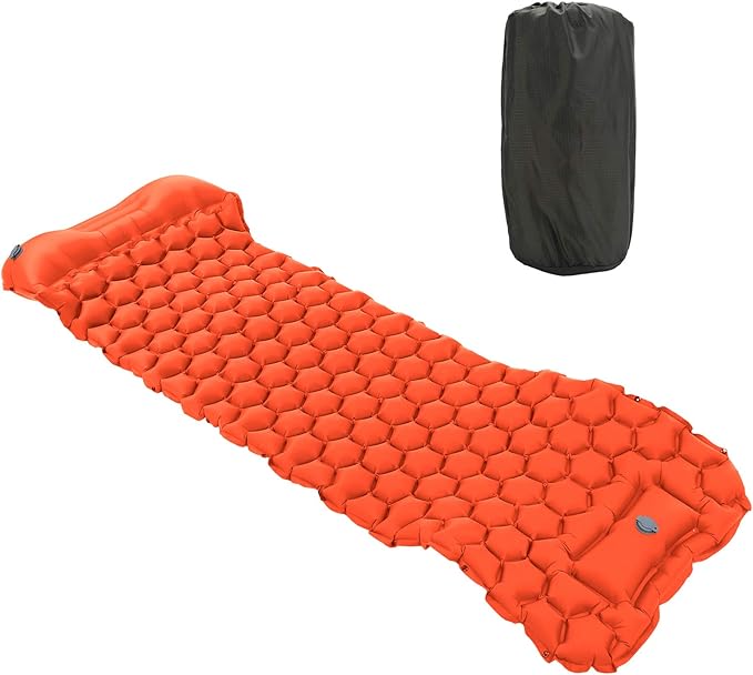Camping Sleeping Pad Mat Foot Press Inflatable Cushion Mattress, Durably 40D Nylon TPU Laminate, Lightweight 700g, Compact Folding Size for Tent Hiking Travel (Orange)