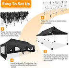 COBIZI 10x30 Pop up Canopy with Roller Bag & 8 Removable Sidewalls, Canopy Tent for Parties, Wedding, and Commercials, Waterproof and Instant Shelter UV50+ Outdoor Gazebo with 4 Sandbags(Black)