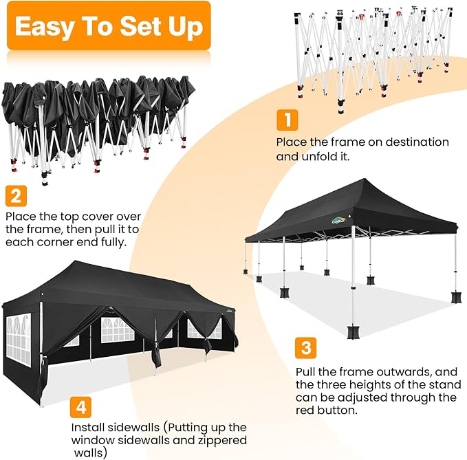 COBIZI 10x30 Pop up Canopy with Roller Bag & 8 Removable Sidewalls, Canopy Tent for Parties, Wedding, and Commercials, Waterproof and Instant Shelter UV50+ Outdoor Gazebo with 4 Sandbags(Black)