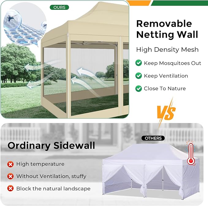 COBIZI 10x20 Heavy Duty Pop Up Canopy with 6 Sidewalls, Commercial Gazebo Party Tent with Mosquito Netting Wall Easy Set Up Outdoor Instant Screen Tent for Backyard, Patio, Garden, Khaki