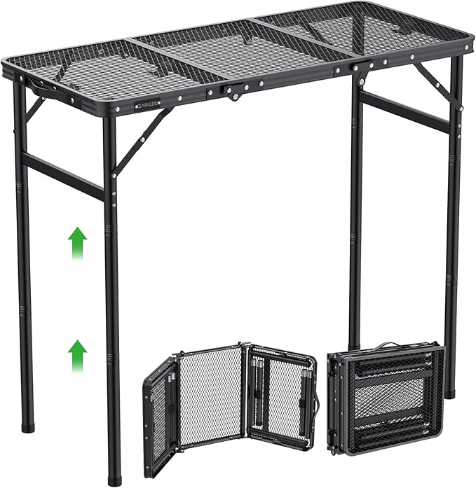 GARLLEN Folding Grill Table, 3-Height Adjustable Lightweight Grill Table with Heat-Resistant Tabletop, Portable Aluminum Camping Table for BBQ, Picnic, Cooking, 35.4" L x 15.7" W, Threaded Install