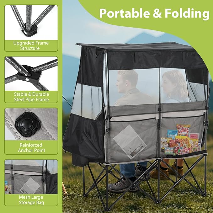 Nice C Double Camping Chair with Canopy, Portable Shade Sports Chair, Umbrella Chairs Camping Couch, Folding Outdoor Loveseat with Cooler Bag, Cup Holders, For Beach, Lawn, Sports, Picnic (Black&Gray)