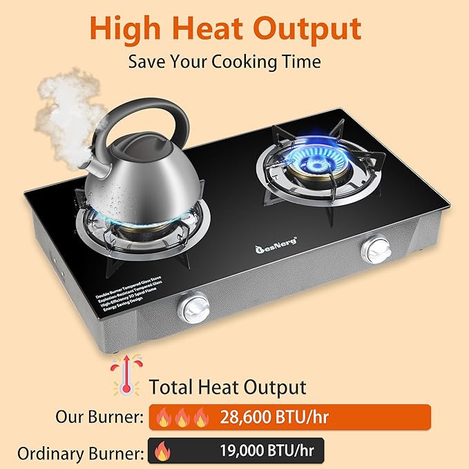 Gas Stove 2 Burner Propane Stove Two Burner Gas Cooktop, Tempered Glass Auto Ignition LPG Cooker, Suitable for Outdoor/Camping/RVs