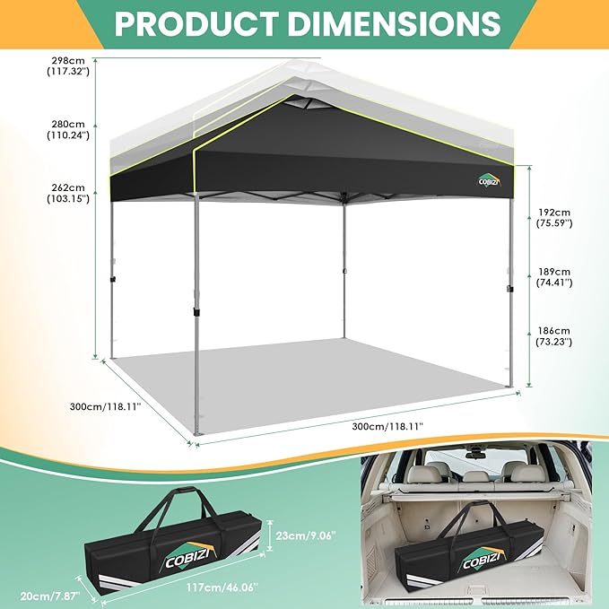 COBIZI 10x10 Pop Up Canopy Tent, Outdoor Party Tent with 4 Sidewall One Push Setup Glow, 3 Adjustable Height Air Vent Waterproof UPF50+, Bag, 4 Sandbag, 8 Stake, 4 Rope for Beach, Commercial
