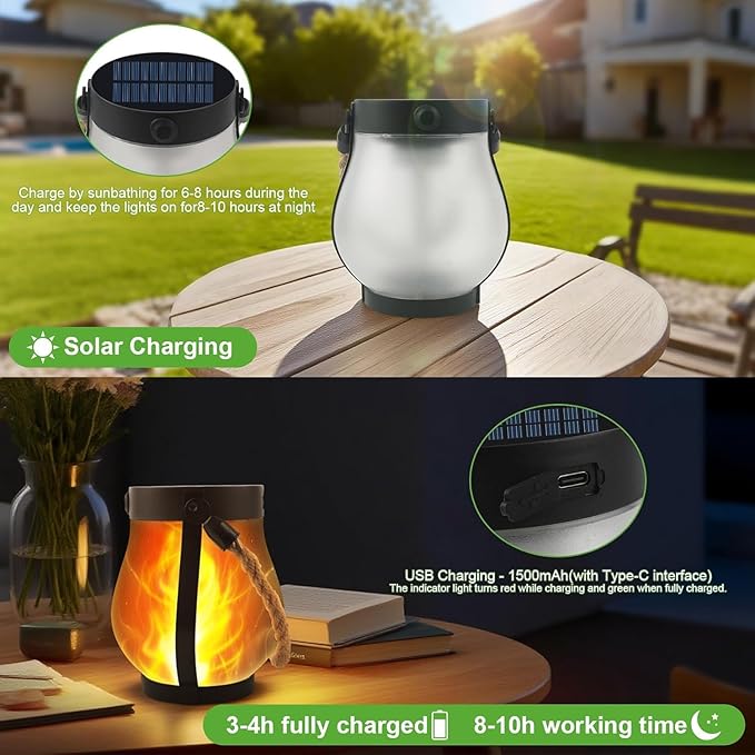 Solar Lanterns Outdoor Waterproof - 2 Pack Flickering Flame Hanging Lights with 2 Modes & Solar USB Dual Charging for Outside Yard Garden Patio Porch Pathway Tabletop Holiday Decor