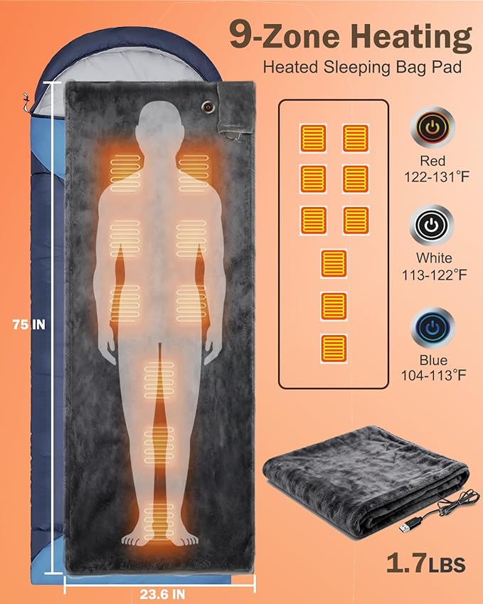 Heated Sleeping Bag Liner for Camping - Heated Blanket for Camping Portable Heating Sleeping Bag Pad 3 Adjustable Temperature Levels with 9 Heating Zones for Cold Weather Backpacking or Hiking