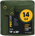 PROTARP Heavy Duty 14 OZ Water Resistant Canvas Tarp, UV Resistant Tarpaulin Cover with Rustproof Brass Grommets, Multipurpose for Canopy, Roof, Camping, Woodpile (Olive 14'X20')