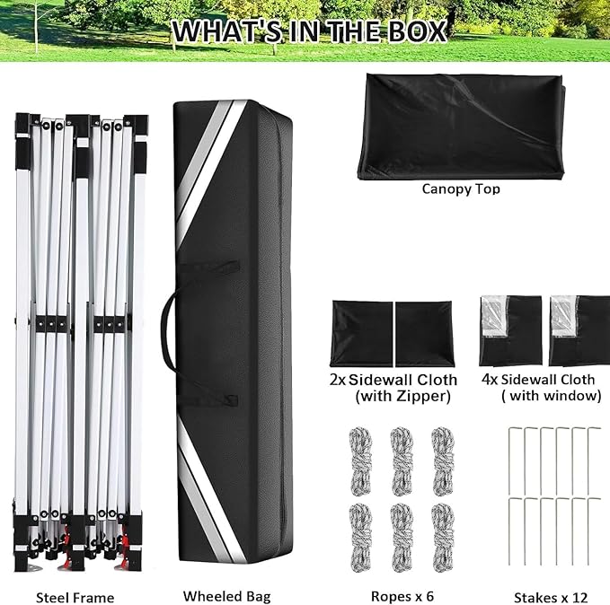 COBIZI Canopy 10x20 Pop Up Canopy Tent with 6 Sidewalls, Waterproof Commercial Canopy Ez Outdoor Instant Gazebo UV Protection 50+ Event Shelter, Garden Tents for Parties with Sandbags, Black