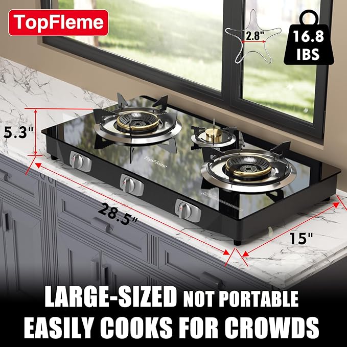 3 Burner Propane Stove 32,300 BTU High-Efficiency Tempered Glass Auto-Ignition Gas Burner Stove Top with CSA Hose for Outdoor RV Camping Emergency Cooking