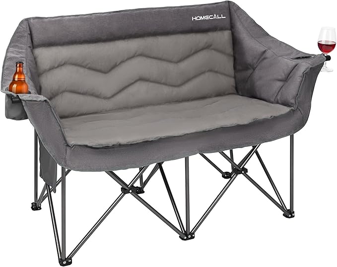 Oversized Double Camping Chair for Adults - Heavy Duty Folding Loveseat Support 700 lbs, Extra Wide 2 Person Camping Couch with Thick Padding, Cup Holders & Storage Bag, Grey