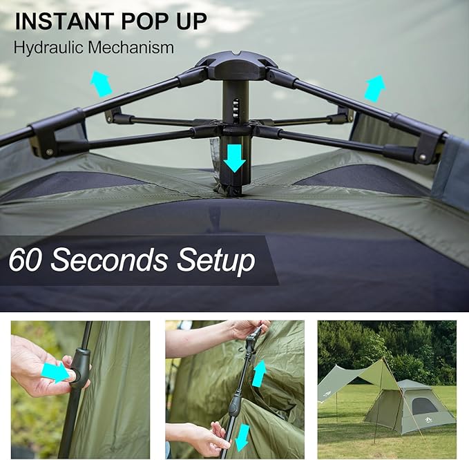 Night Cat 3-Person Camping Tent: Waterproof Instant Cabin Tent with Canopy Tarp for Family, 2-in-1 Canopy Tent with Porch Easy Setup